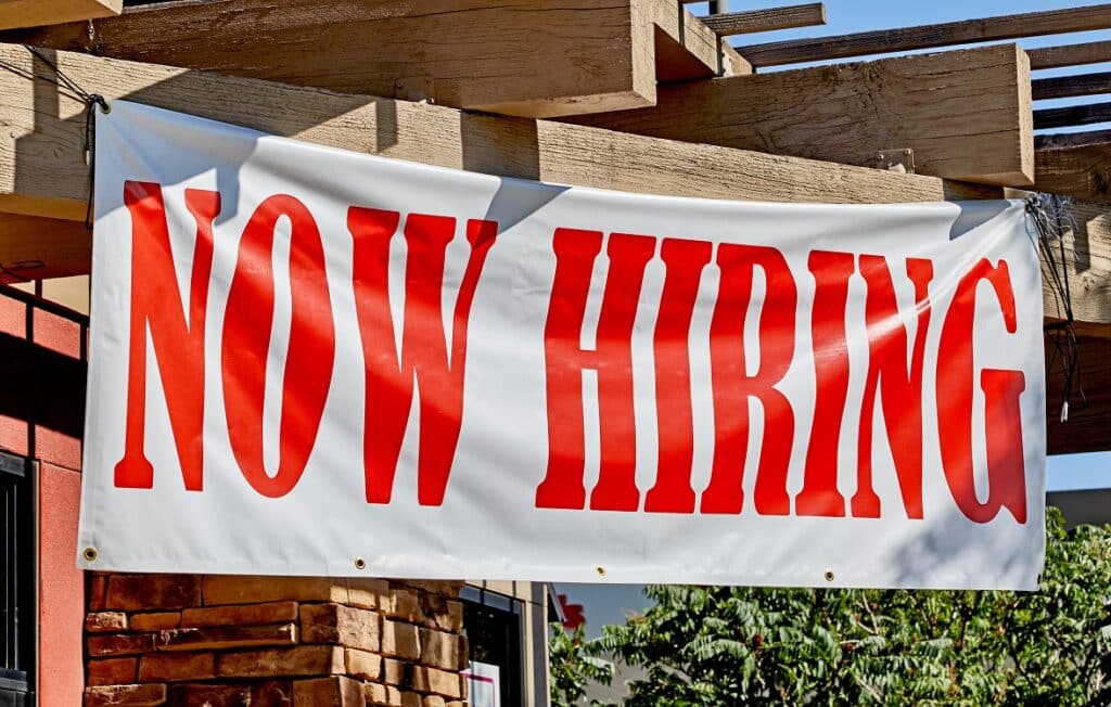 Recruitment printing now hiring sign for new workers