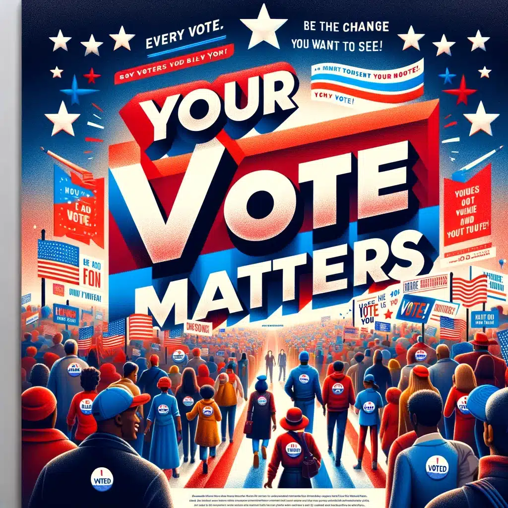 A vibrant illustration emphasizing the importance of voting, with a diverse group of people heading towards a large "your vote matters" message.