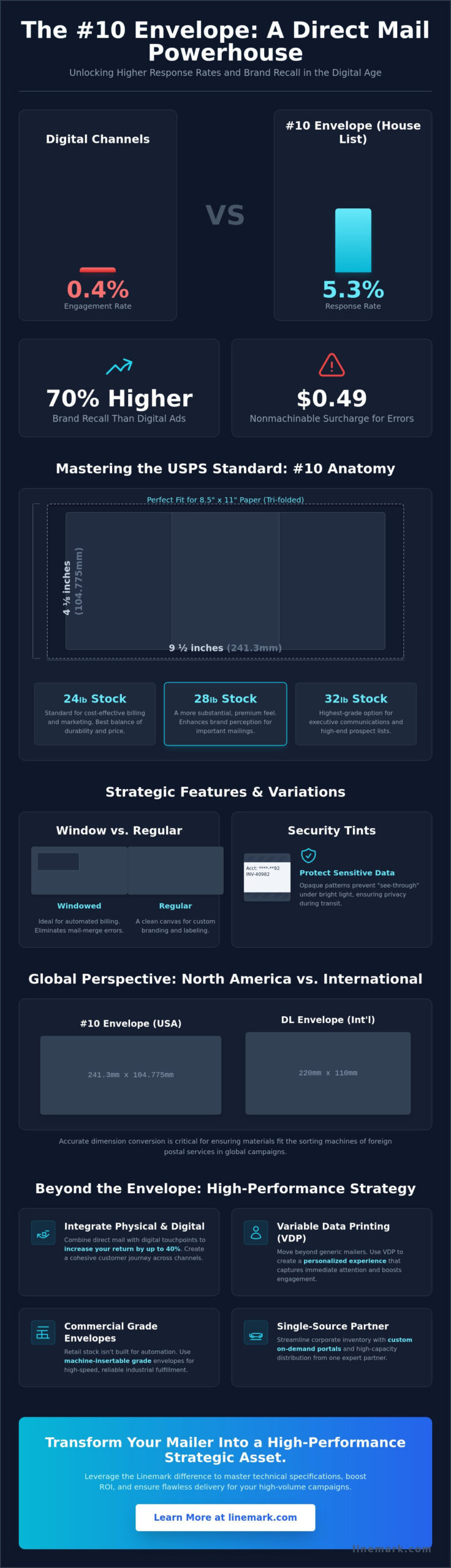 The Comprehensive Guide to #10 Envelopes: Dimensions, Design, and Direct Mail Strategy - Infographic